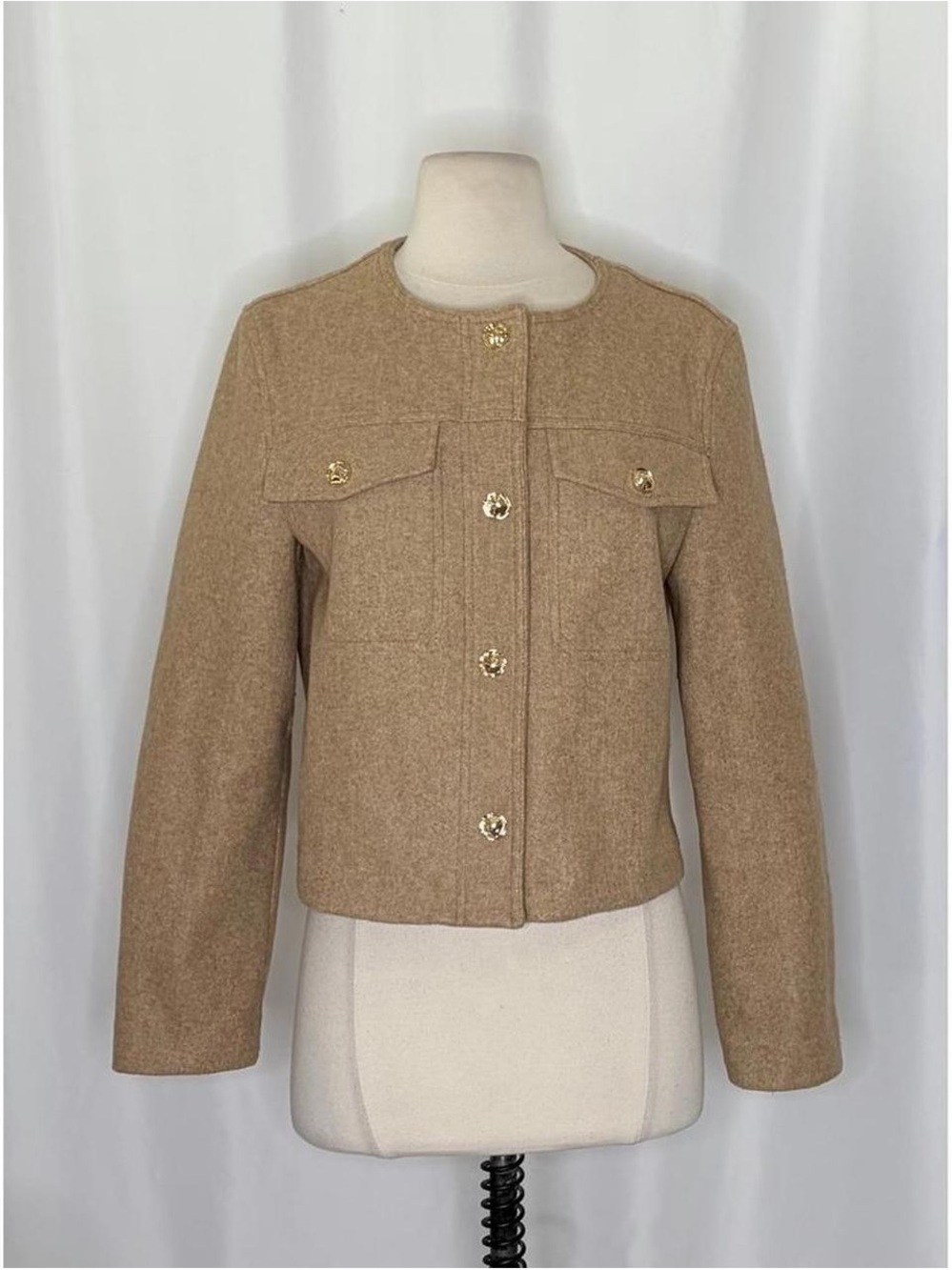 Zara Camel Cropped Wool Blend Jacket with Gold Buttons